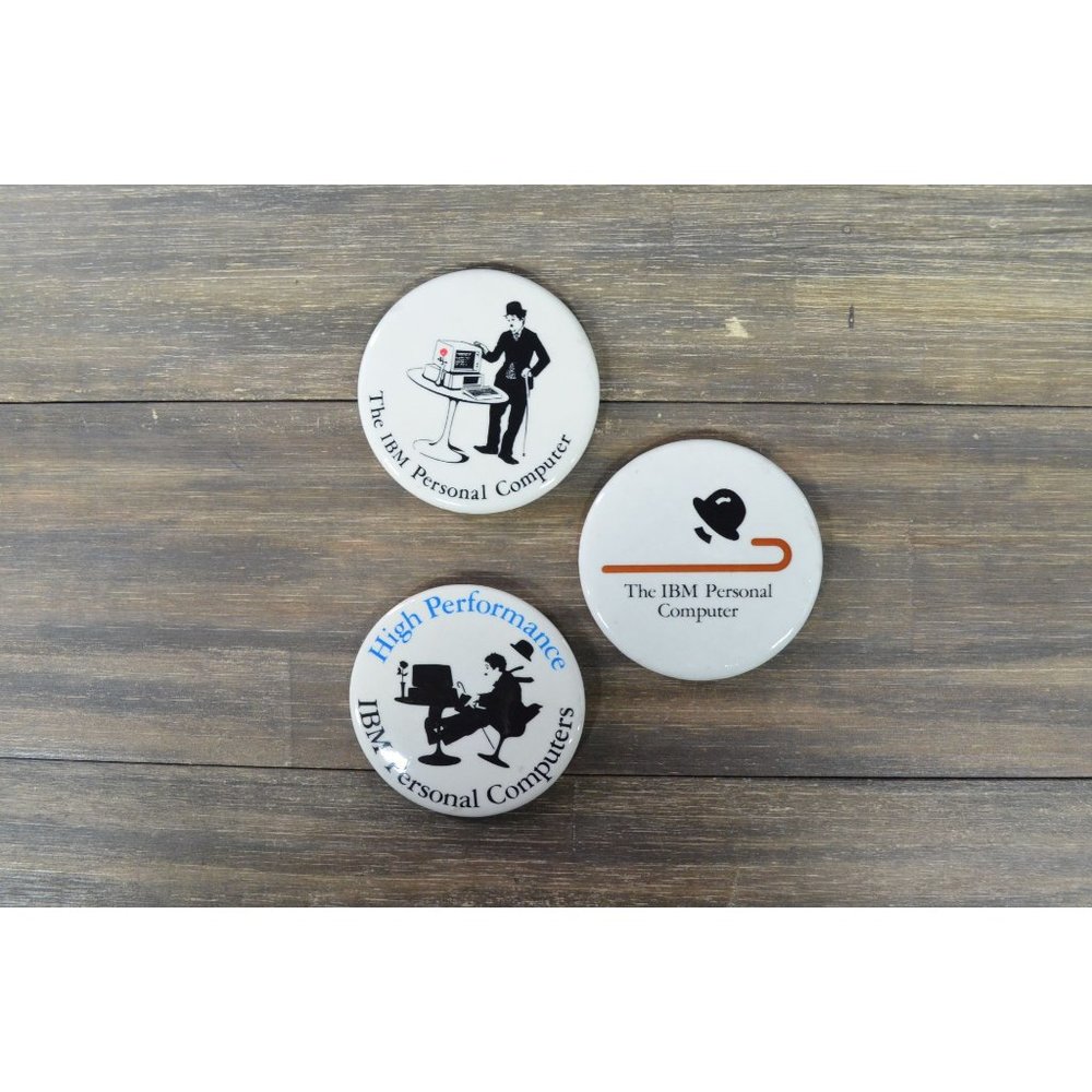 IBM Personal Computer Button Pin Lot of 3 Charlie Chaplin Bowler 1980's Vtg